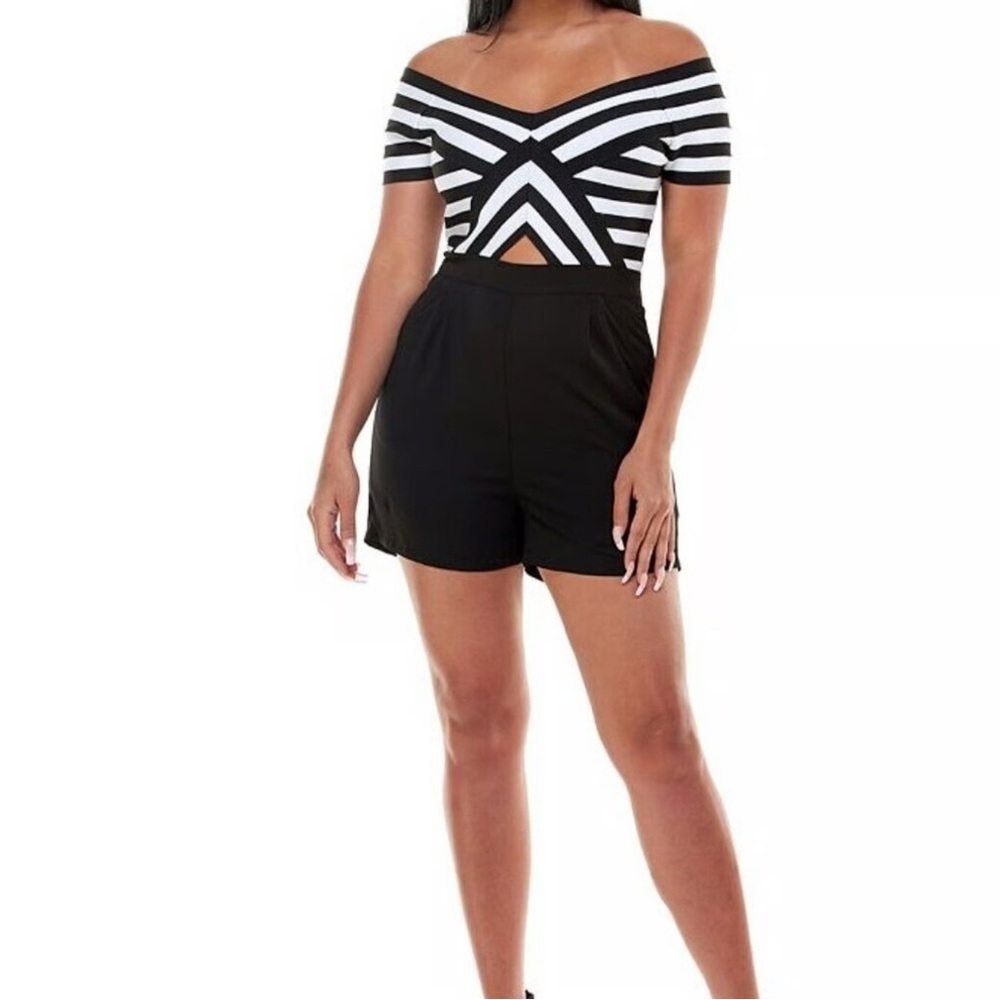 Bebe off the shoulder stripe romper. - Picture 3 of 3
